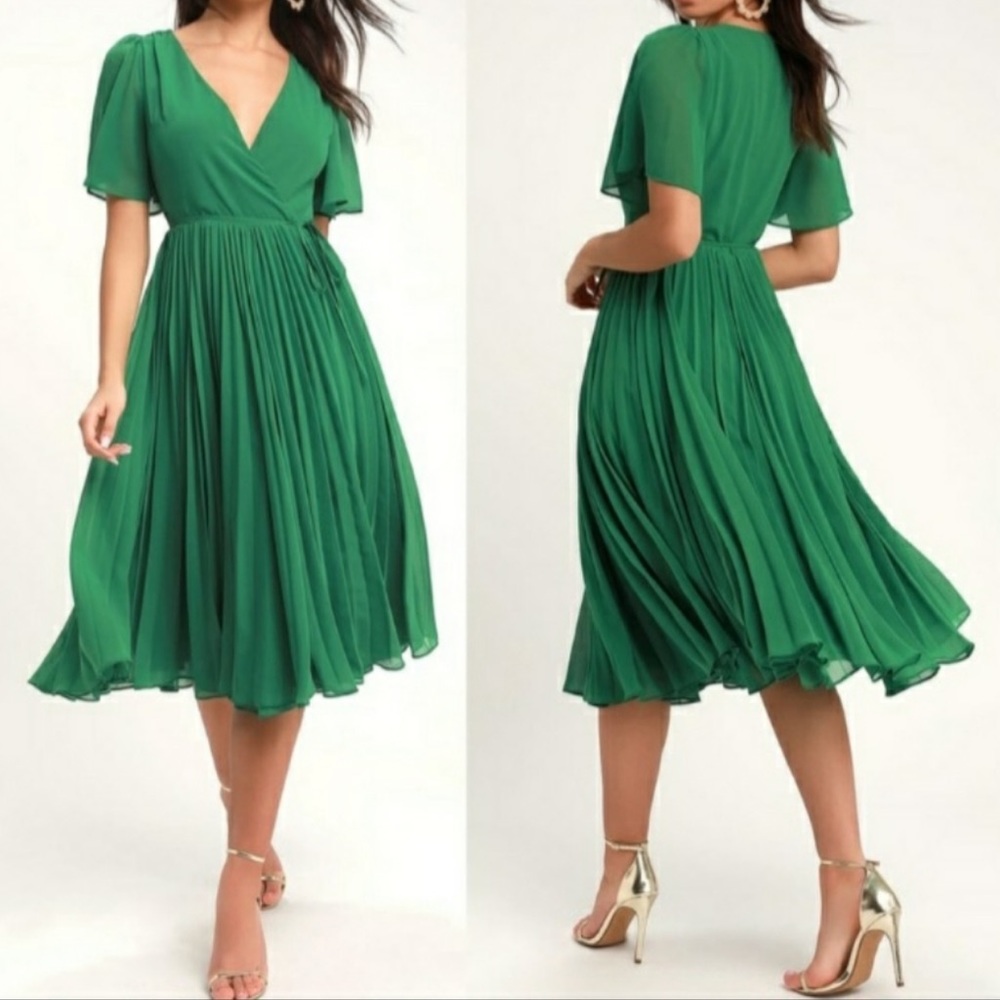 Lulu’s Pleats to Meet You Green Midi Wrap Pleated Dress with Flutter Sleeves